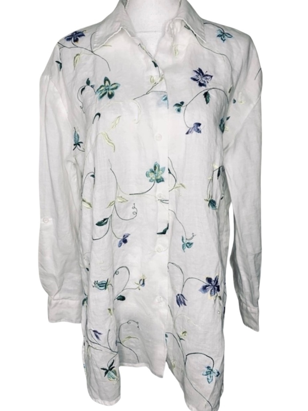 Allison Taylor Linen Embroidered Floral Button Down Shirt Women Large 100% Linen